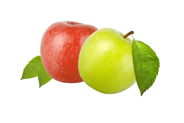 Zelené a červené jablko s listy izolované na bílém pozadí — Stock fotografie