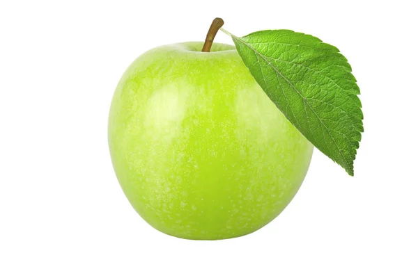 Manzana verde con hoja aislada sobre fondo blanco —  Fotos de Stock