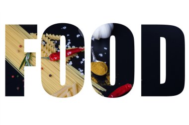 Word gıda çeşit makarna, kırmızı biber biber, rosem üzerinde