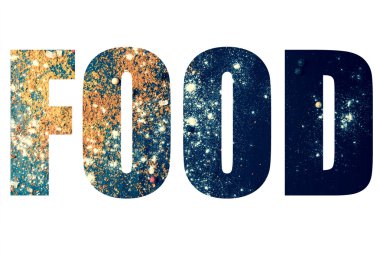 Word FOOD over yellow and red spices, sea salt and color pepper 