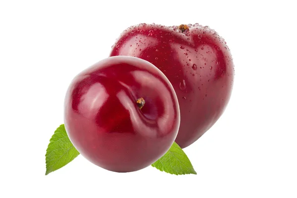 Fresh plums with drops of water and leaves isolated on white bac