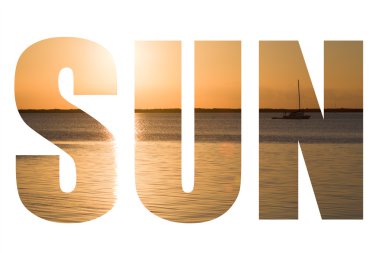 Word SUN over beautiful sunset picture in Key Largo, Florida, US clipart