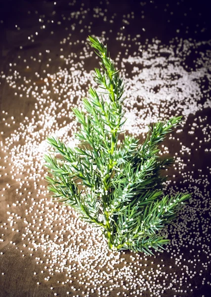 Branch of a Christmas tree with pieces of foam plastic like snow — Stock Photo, Image