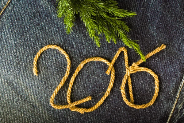 Fresh branch of christmas tree and the numbers 2016 of rope on t — Stock Photo, Image