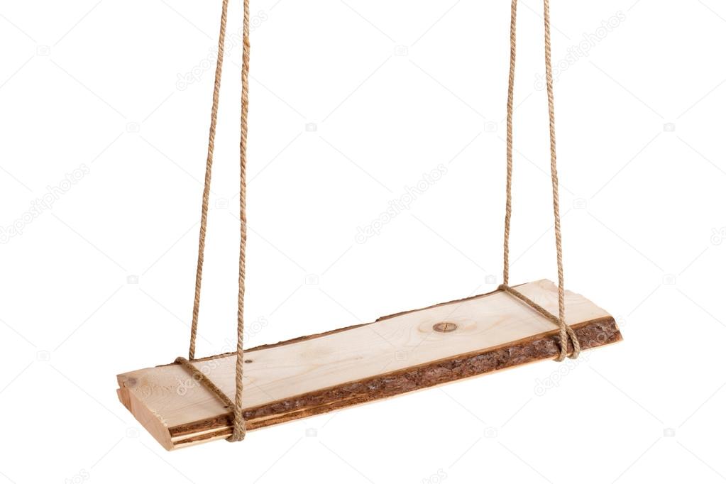 Wooden swing hanged on a rope Isolated on white background