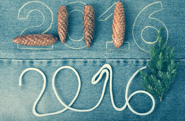 Pine cones, fresh branch of christmas tree and the numbers 2016 — Stock Photo, Image