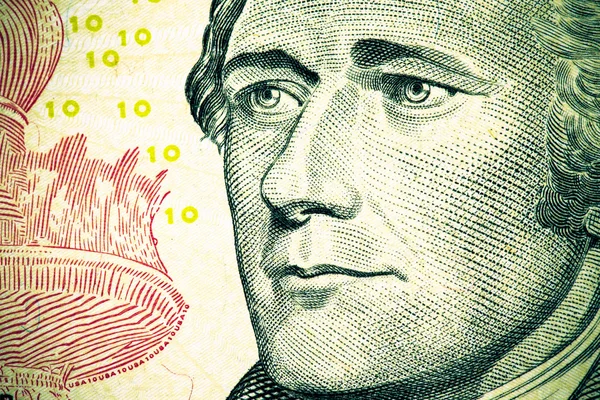 Alexander Hamilton portre on dolar banknotunun üzerinde yakın çekim. Zil sesi