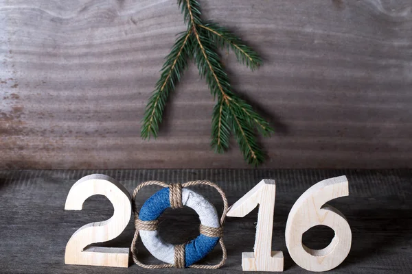 Figures 2016 on old grey wooden background in sea style with woo — Stock Photo, Image