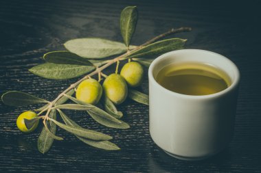 Yeşil Zeytin meyveleri ve kap taze o zeytin ağacının dalını