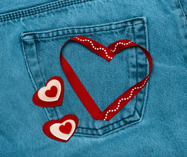 Textile hearts. Romantic love theme on jeans background. Toned — Stock Photo, Image