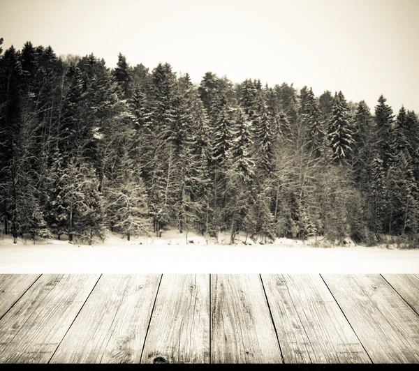 冬の森。背景。暗い木製 ga からの眺め — ストック写真
