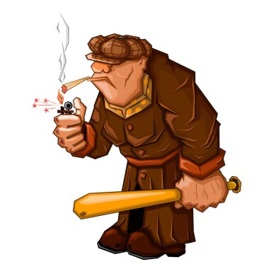 Sigara ve sopayla dolaşan bir gangster. Beyaz arkaplanda vektör illüstrasyonu.