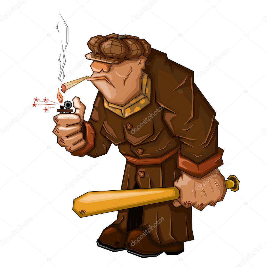 Gangster with a cigarette and a bat. Vector illustration on a white background.