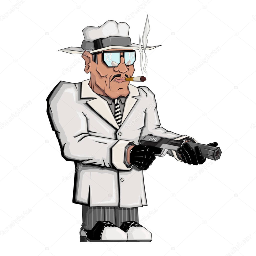 Gangster  with a cigarette and a pistol. Vector illustration on a white background.