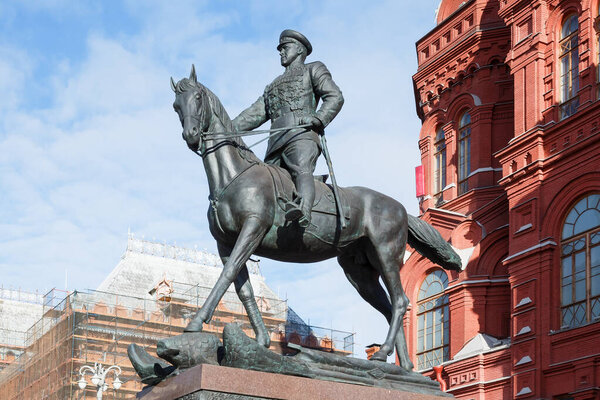 Moscow, Russia - 03.24.2021: Monument to the great hero military leader Marshal Zhukov on horseback at the Kremlin wall on Red Square