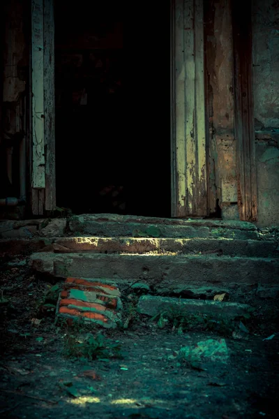 Scary Background Horror Style Open Door Entrance Dangerous Staircase Old — Stock Photo, Image