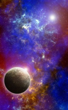 Uzaydan gelen bilinmeyen bir gezegen. Uzay nebulası. Kozmik yıldız kümesi. Dış uzay arkaplanı. 3B Görüntü.