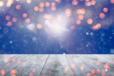 Soyut Karlı Noel Arkaplanı. Silinmiş Işıklı Tahta Masa.