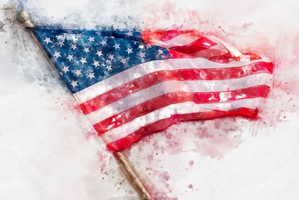4 Temmuz, Bağımsızlık Günü için Amerikan bayrağının suluboya çizimi veya çizimi.