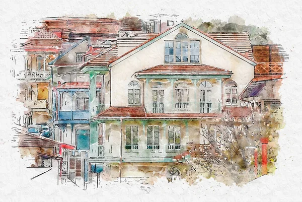 Dibujo Acuarela Ilustración Una Hermosa Vista Arquitectura Urbana Europea Tradicional — Foto de Stock