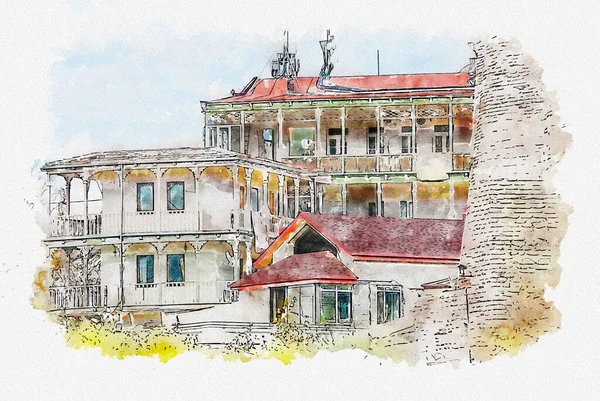 Croquis Aquarelle Illustration Une Belle Vue Sur Architecture Urbaine Européenne — Photo