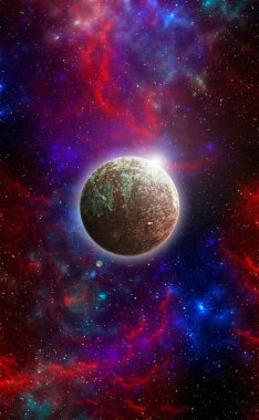 Uzaydan gelen bilinmeyen bir gezegen. Uzay nebulası. Kozmik yıldız kümesi. Dış uzay arkaplanı. 3B Görüntü.