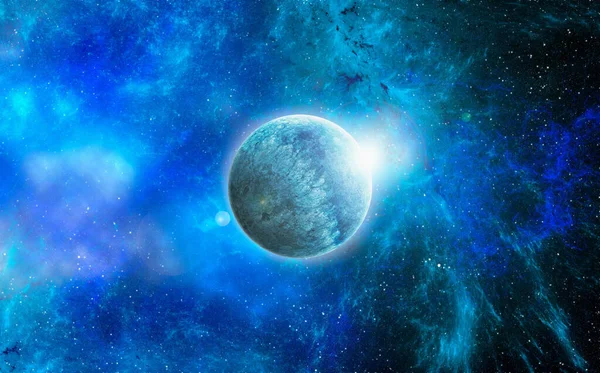 Uzaydan gelen bilinmeyen bir gezegen. Uzay nebulası. Kozmik yıldız kümesi. Dış uzay arkaplanı. 3B Görüntü.
