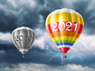Yeni yıl konsepti olan sıcak hava balonları. Soyut arkaplan. 3d Görüntü.
