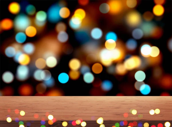 Abstract Snowy Christmas Background Wooden Table Defocused Lights Illustration — Stock Photo, Image