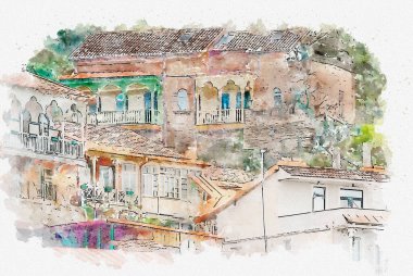 Suluboya eskizi ya da Tiflis 'teki geleneksel Avrupa kentsel mimarisinin güzel bir görüntüsünün çizimi. Georgia 'nın başkenti.