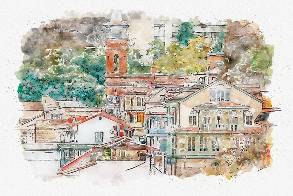 Croquis Aquarelle Illustration Une Belle Vue Sur Architecture Urbaine Européenne — Photo