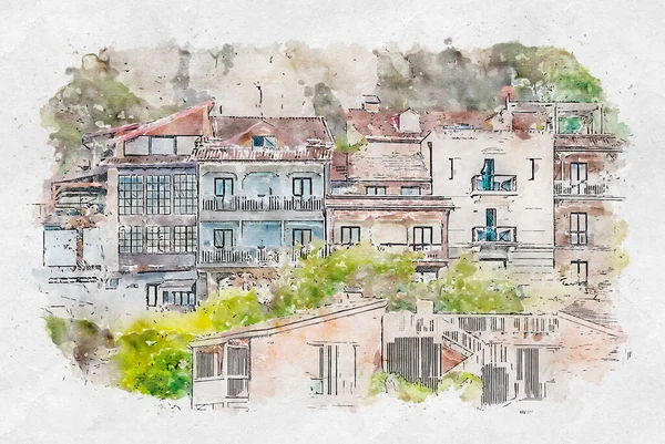 Акварельный Эскиз Иллюстрация Прекрасного Вида Традиционную Европейскую Городскую Архитектуру Тбилиси — стоковое фото