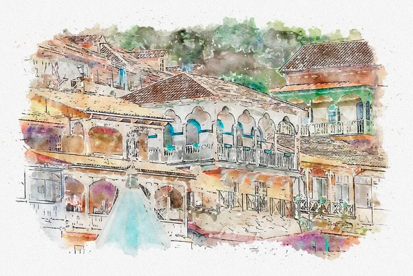 Esboço Aquarela Ilustração Uma Bela Vista Arquitetura Urbana Europeia Tradicional — Fotografia de Stock