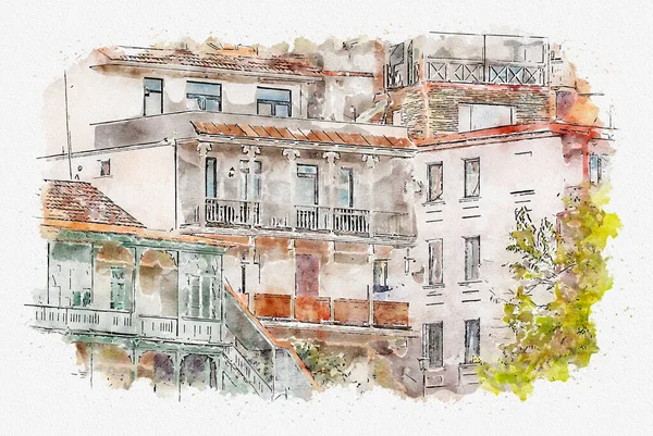 Dibujo Acuarela Ilustración Una Hermosa Vista Arquitectura Urbana Europea Tradicional — Foto de Stock