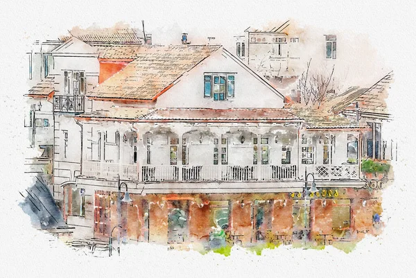 Watercolor sketch or illustration of a beautiful view of the traditional European urban architecture in Tbilisi. Capital of Georgia.