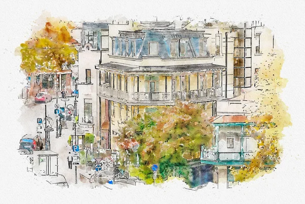 Watercolor sketch or illustration of a beautiful view of the traditional European urban architecture in Tbilisi. Capital of Georgia.