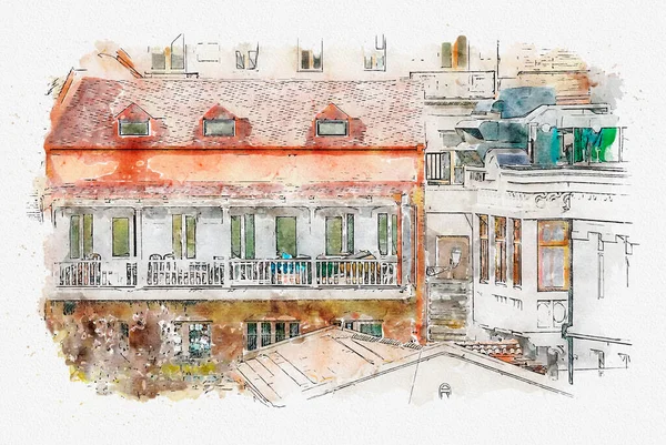 Croquis Aquarelle Illustration Une Belle Vue Sur Architecture Urbaine Européenne — Photo