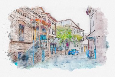 Suluboya eskizi ya da Tiflis 'teki geleneksel Avrupa kentsel mimarisinin güzel bir görüntüsünün çizimi. Georgia 'nın başkenti.