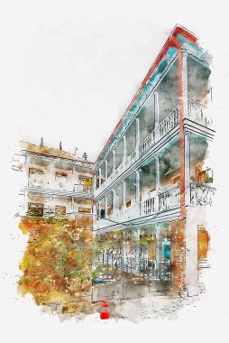 Suluboya eskizi ya da Tiflis 'teki geleneksel Avrupa kentsel mimarisinin güzel bir görüntüsünün çizimi. Georgia 'nın başkenti.