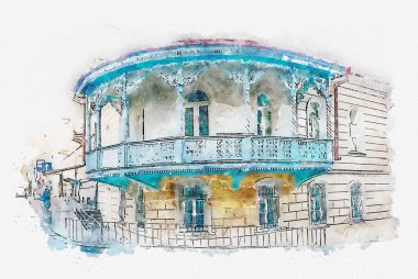 Suluboya eskizi ya da Tiflis 'teki geleneksel Avrupa kentsel mimarisinin güzel bir görüntüsünün çizimi. Georgia 'nın başkenti.
