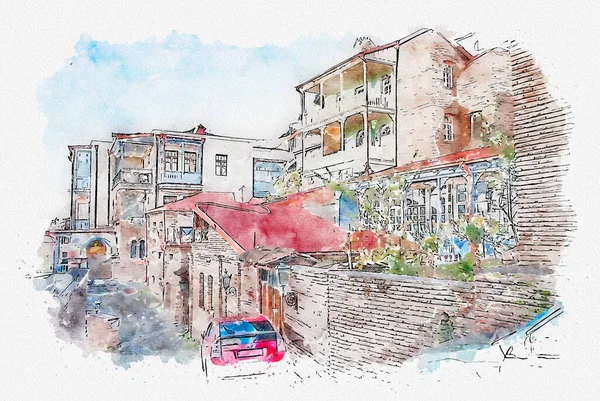 Акварельный Эскиз Иллюстрация Прекрасного Вида Традиционную Европейскую Городскую Архитектуру Тбилиси — стоковое фото