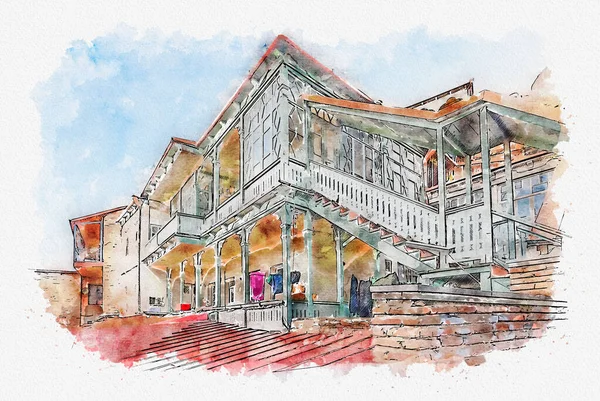 Croquis Aquarelle Illustration Une Belle Vue Sur Architecture Urbaine Européenne — Photo