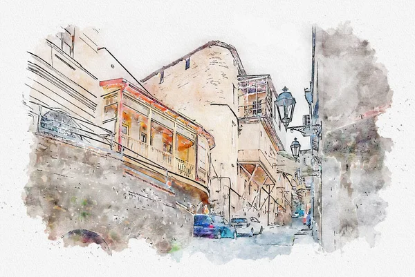 Croquis Aquarelle Illustration Une Belle Vue Sur Architecture Urbaine Européenne — Photo