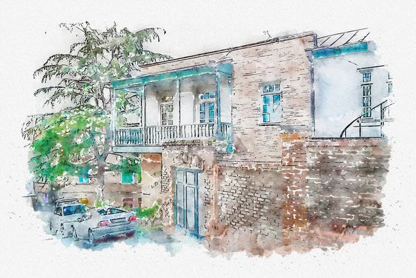 Croquis Aquarelle Illustration Une Belle Vue Sur Architecture Urbaine Européenne — Photo