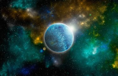 Uzaydan gelen bilinmeyen bir gezegen. Uzay nebulası. Kozmik yıldız kümesi. Dış uzay arkaplanı. 3B Görüntü.