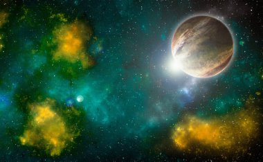 Uzaydan gelen bilinmeyen bir gezegen. Uzay nebulası. Kozmik yıldız kümesi. Dış uzay arkaplanı. 3B Görüntü.