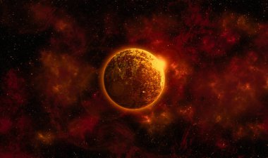 Uzaydan gelen bilinmeyen bir gezegen. Uzay nebulası. Kozmik yıldız kümesi. Dış uzay arkaplanı. 3B Görüntü.