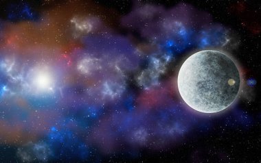 Uzaydan gelen bilinmeyen bir gezegen. Uzay nebulası. Kozmik yıldız kümesi. Dış uzay arkaplanı. 3B Görüntü.