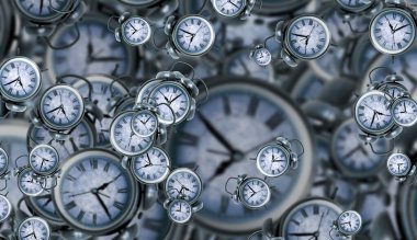 Büyük antika saat yüzleri. Zamanın dokusu, zarif koleksiyon. 3d illüstrasyon.