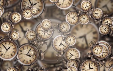 Büyük antika saat yüzleri. Zamanın dokusu, zarif koleksiyon. 3d illüstrasyon.